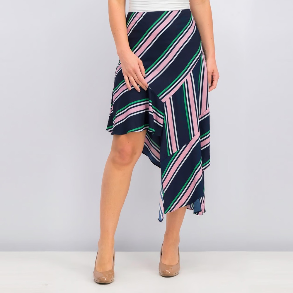 Bar lll Satin Striped Asymetrical Coastal Grandma Career Chic Skirt Sz 4 Fall - Picture 2 of 13